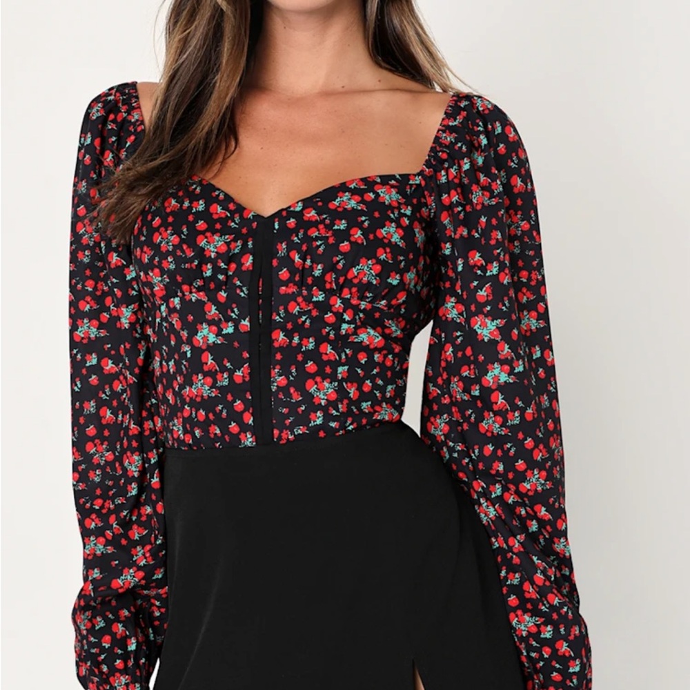 Lulus Date Night Perfect Black Satin Floral Hook and Eye Top